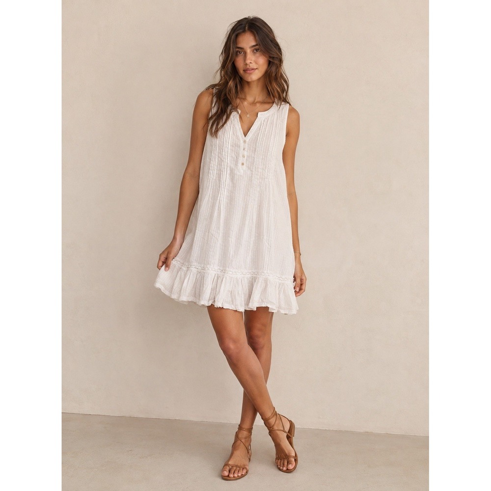 Joie Sleeveless Eyelet Boho Ruffle Hem V-Neck Dress Size Large Beach Coastal